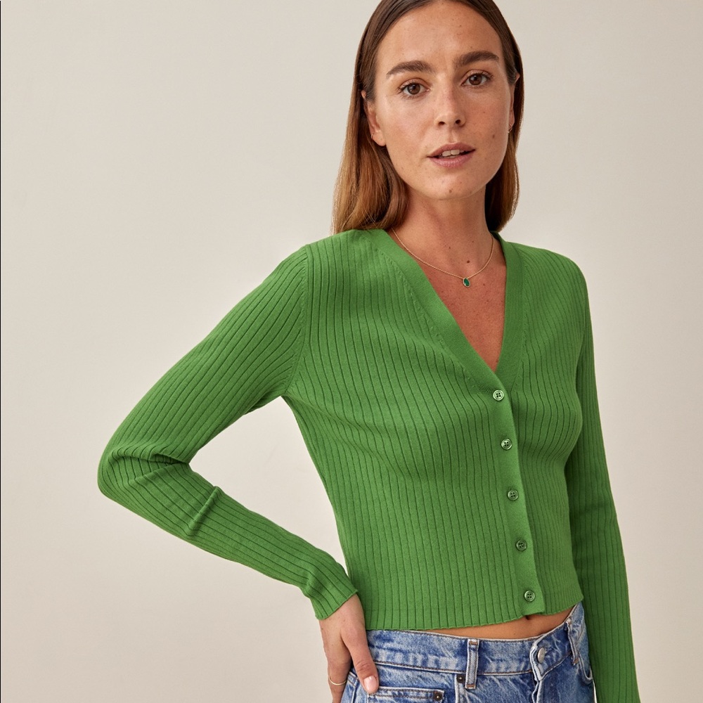 Reformation Green Ribbed Knit Cardigan